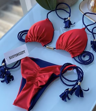Striped Blue and Red Bikini with Padding (One Piece)