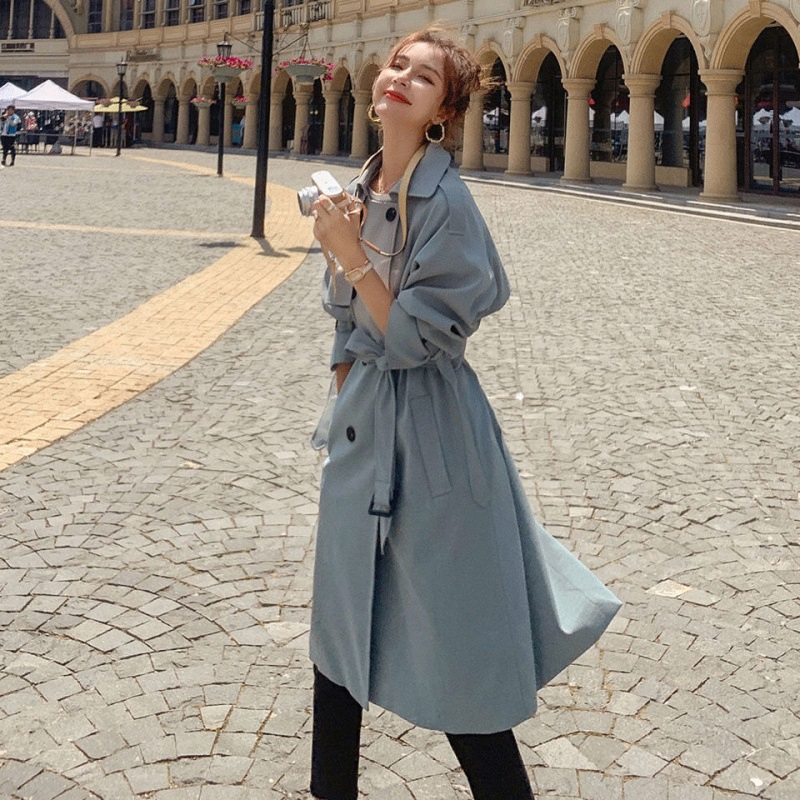 Hong Kong Style Loose Blue Long Coat for Women