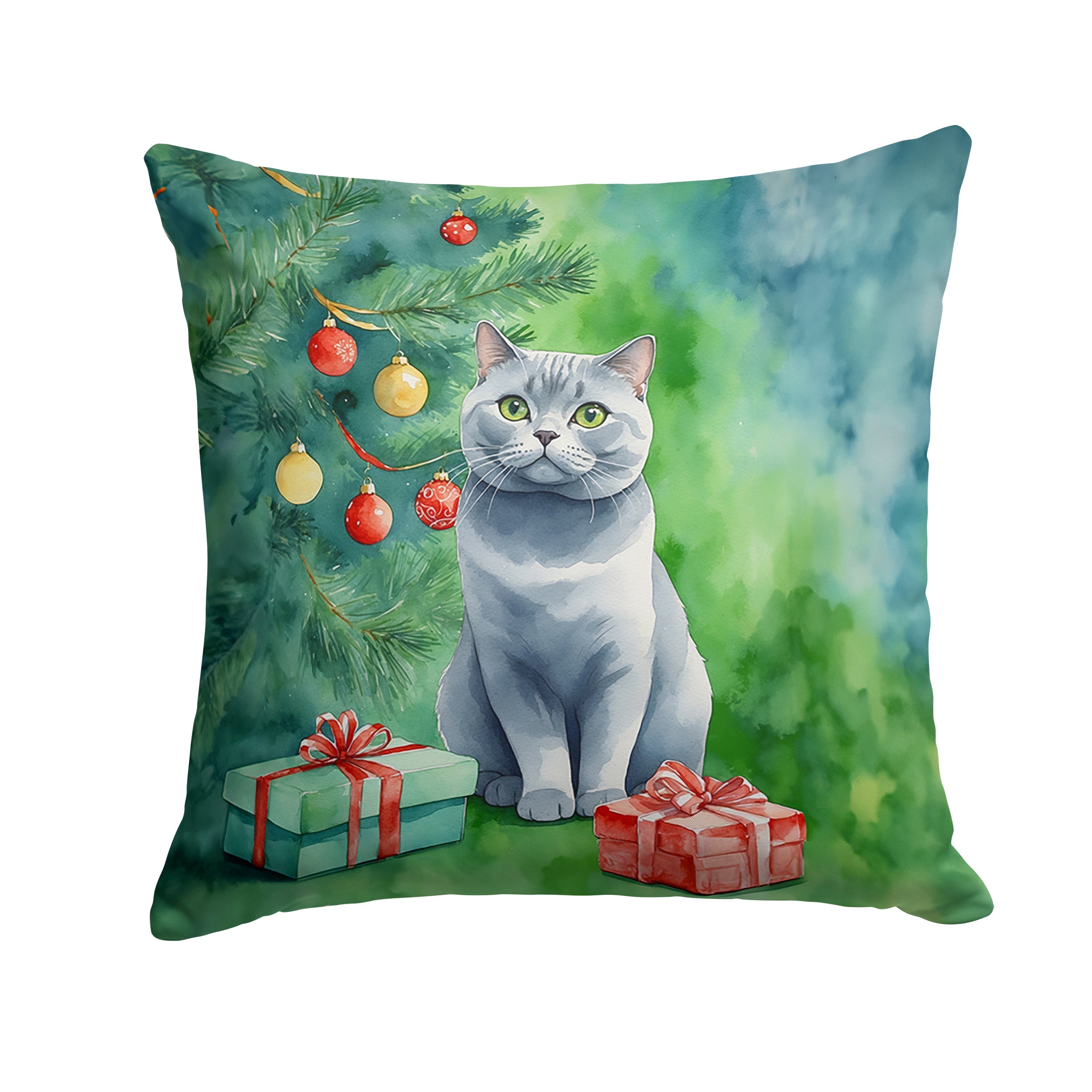 British Shorthair Cat By the Christmas Tree Throw Pillow