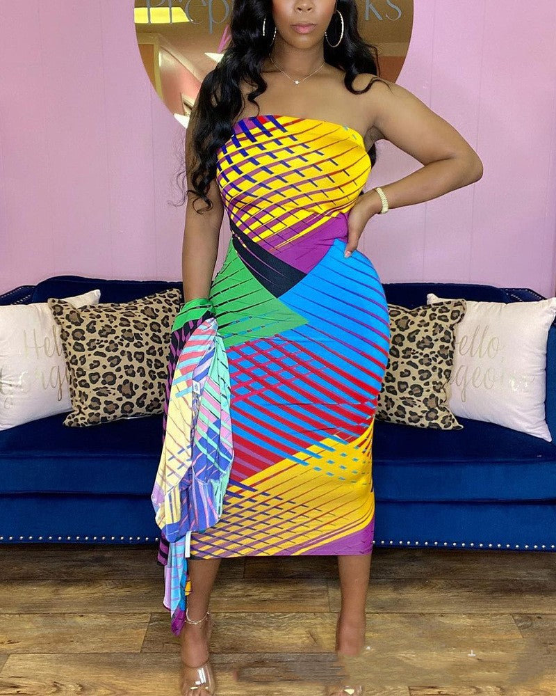 Color Print Women's Strapless Skirt and Coat Set