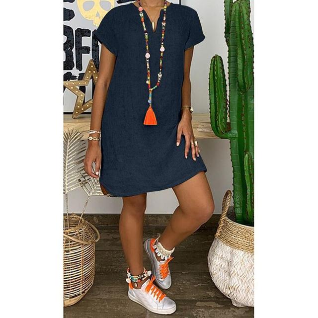 Women’s Casual V Neck Cotton Linen Mini Dress 5XL