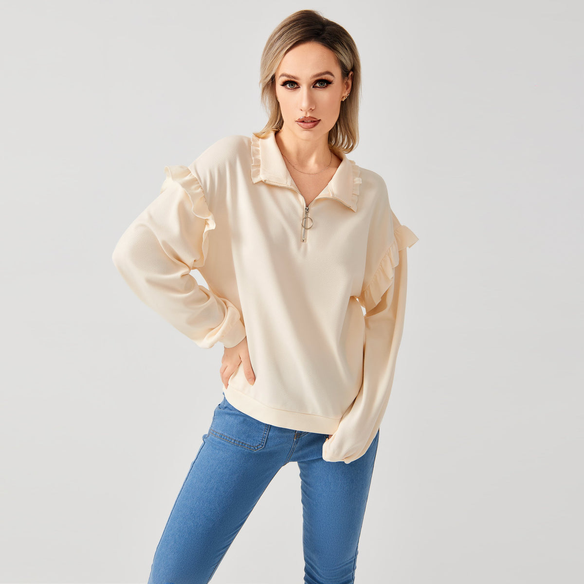Casual Ruffle Trim Half Zip Sweatshirt for Women | Streetwear