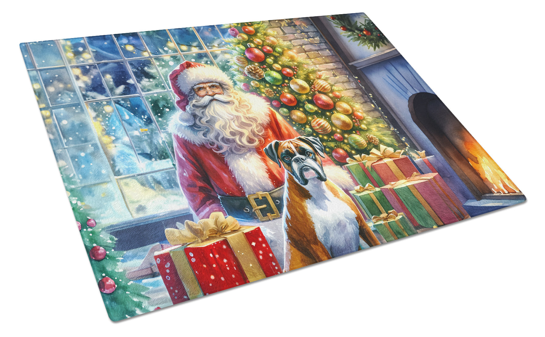 Boxer and Santa Claus Glass Cutting Board