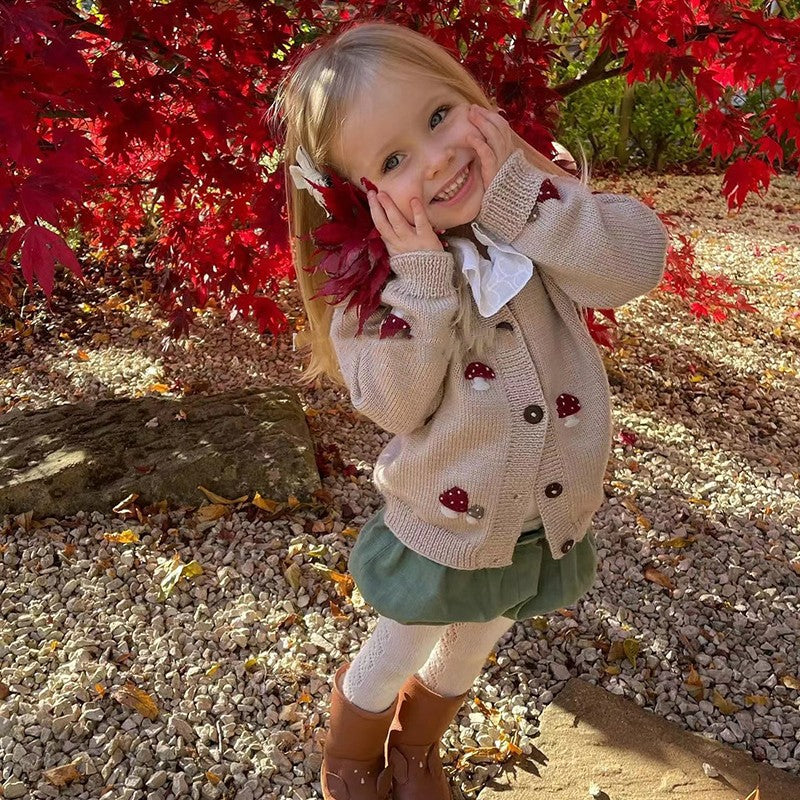 Hand Embroidered Knitted Mushroom Cardigan for Kids