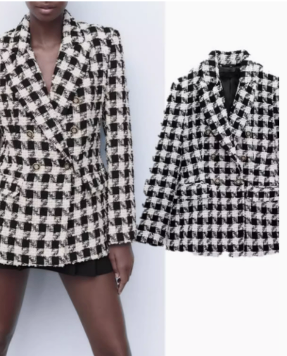 Houndstooth Double Breasted Lapel Coat for Women