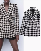 Houndstooth Double Breasted Lapel Coat for Women