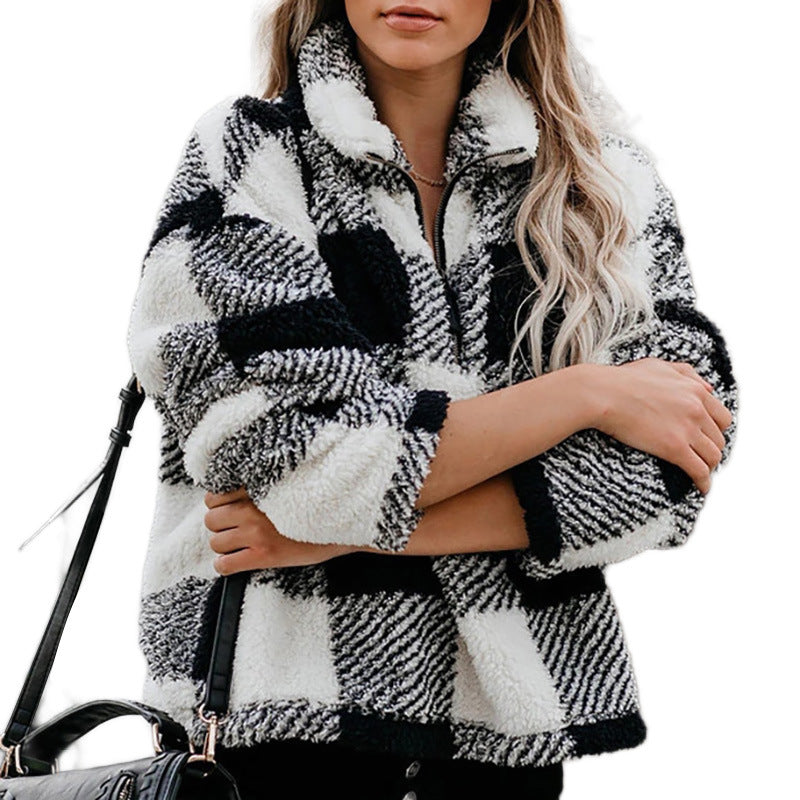 Women's Thick Stand Collar Zipper Plaid Sweatshirt | Streetwear
