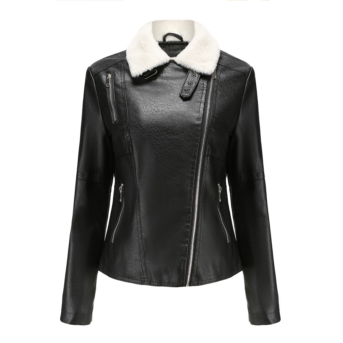 Women's Fleece-Lined Leather Coat with Long Sleeves