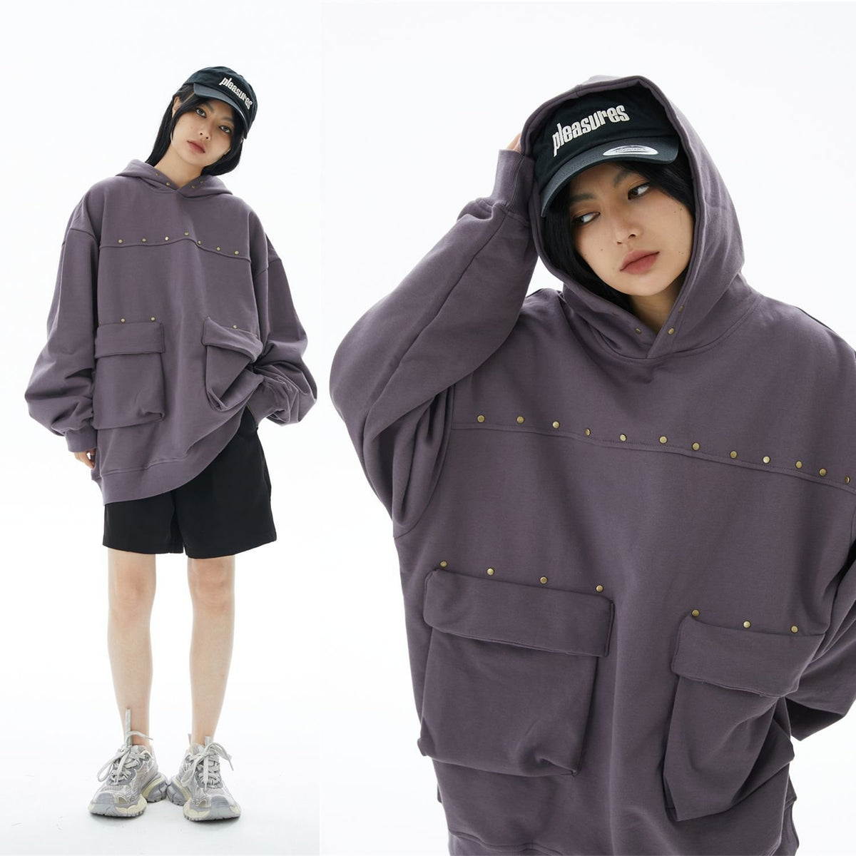 Men's Hooded Terry Sweater with Multi-Pocket Rivets