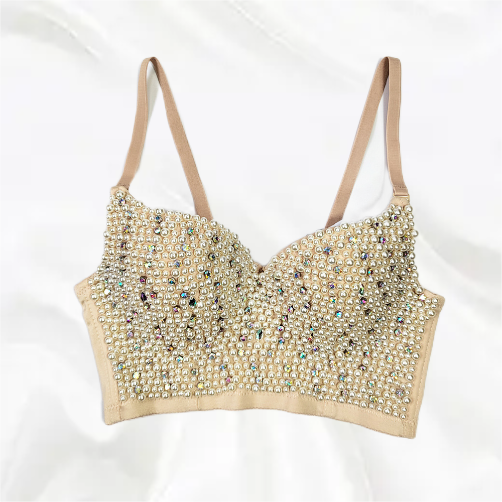 Rhinestone Beaded Bustier Push-Up Bralette Crop Top