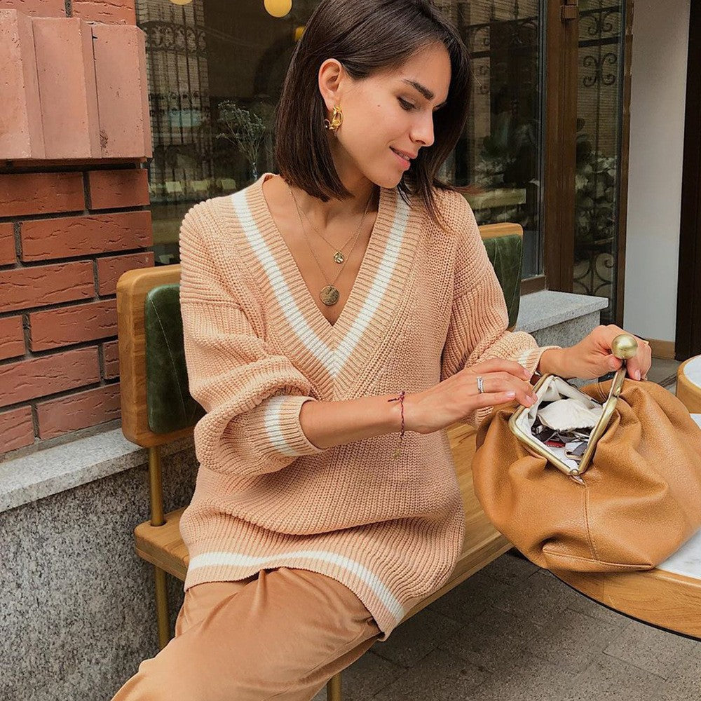 Casual Contrast Color Stitching Women's Sweater
