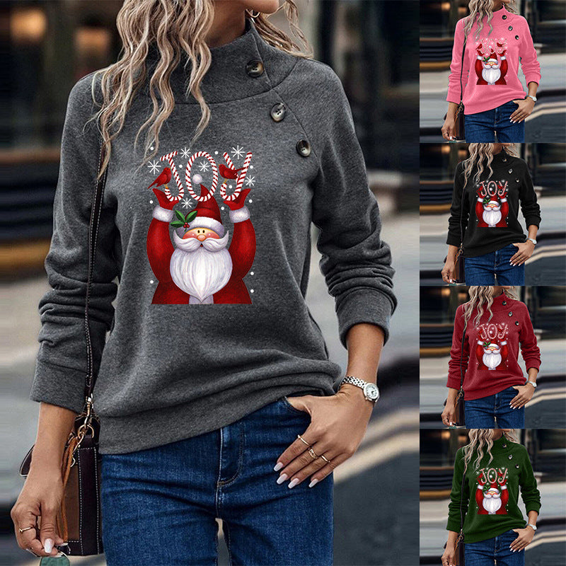 Printed Button Christmas Long Sleeve Sweatshirt for Women | Streetwear