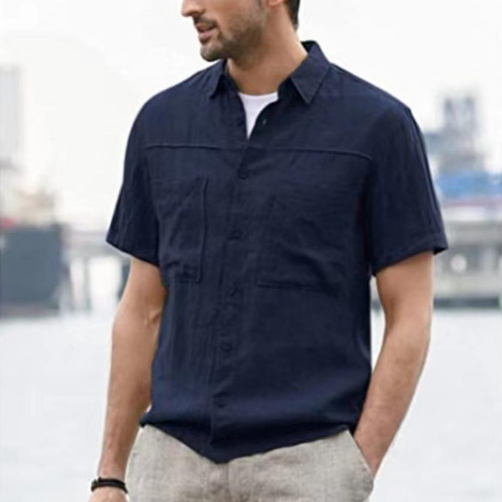 Men's Casual Short Sleeve Cardigan Shirt with Pockets