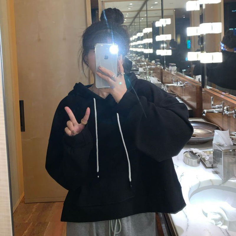 Solid Color Cropped Hooded Sweater Jacket for Women