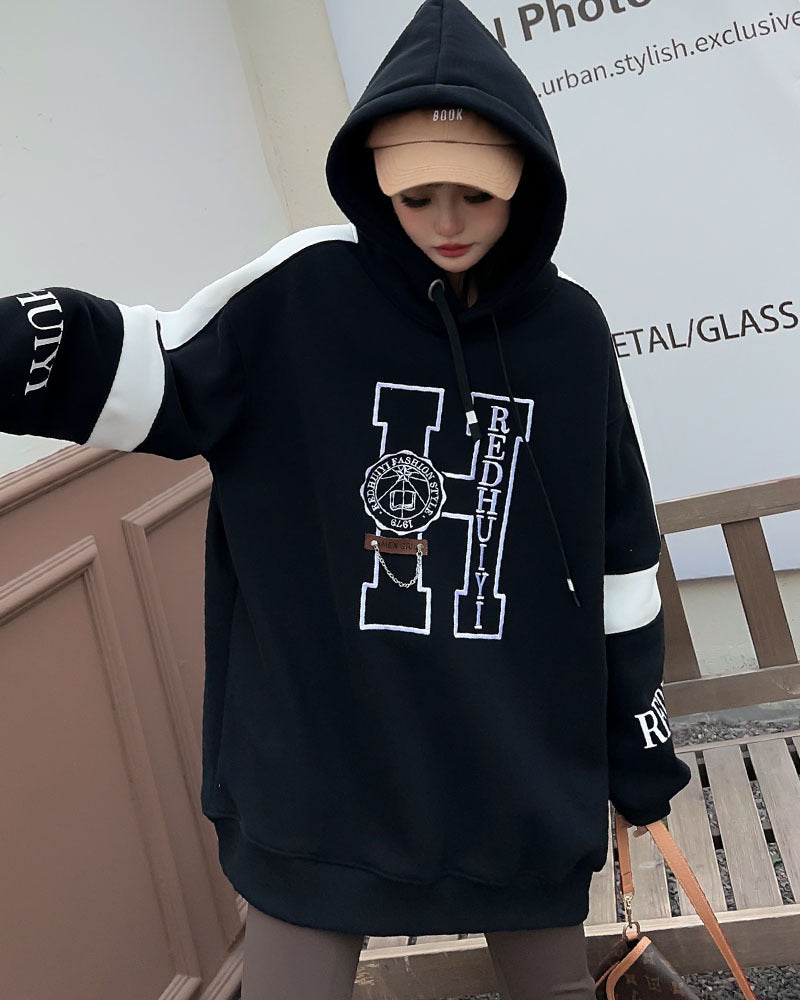 Embroidered Velvet Padded Hooded Sweatshirt for Women | Streetwear