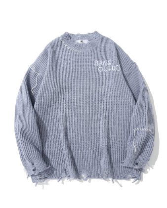 Dark Embroidered Ripped Letter Print Sweater for Men