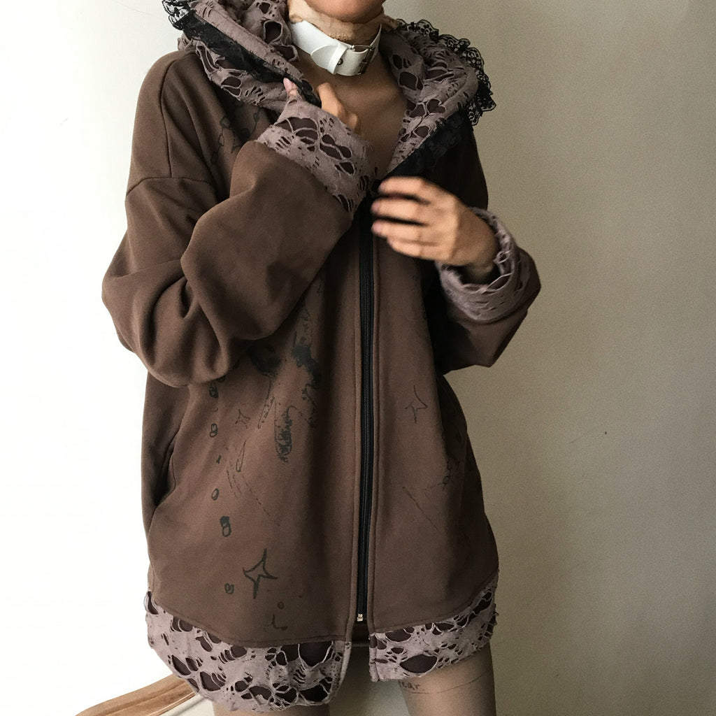 Original Dark Cat Ear Distressed Hoodie for Women