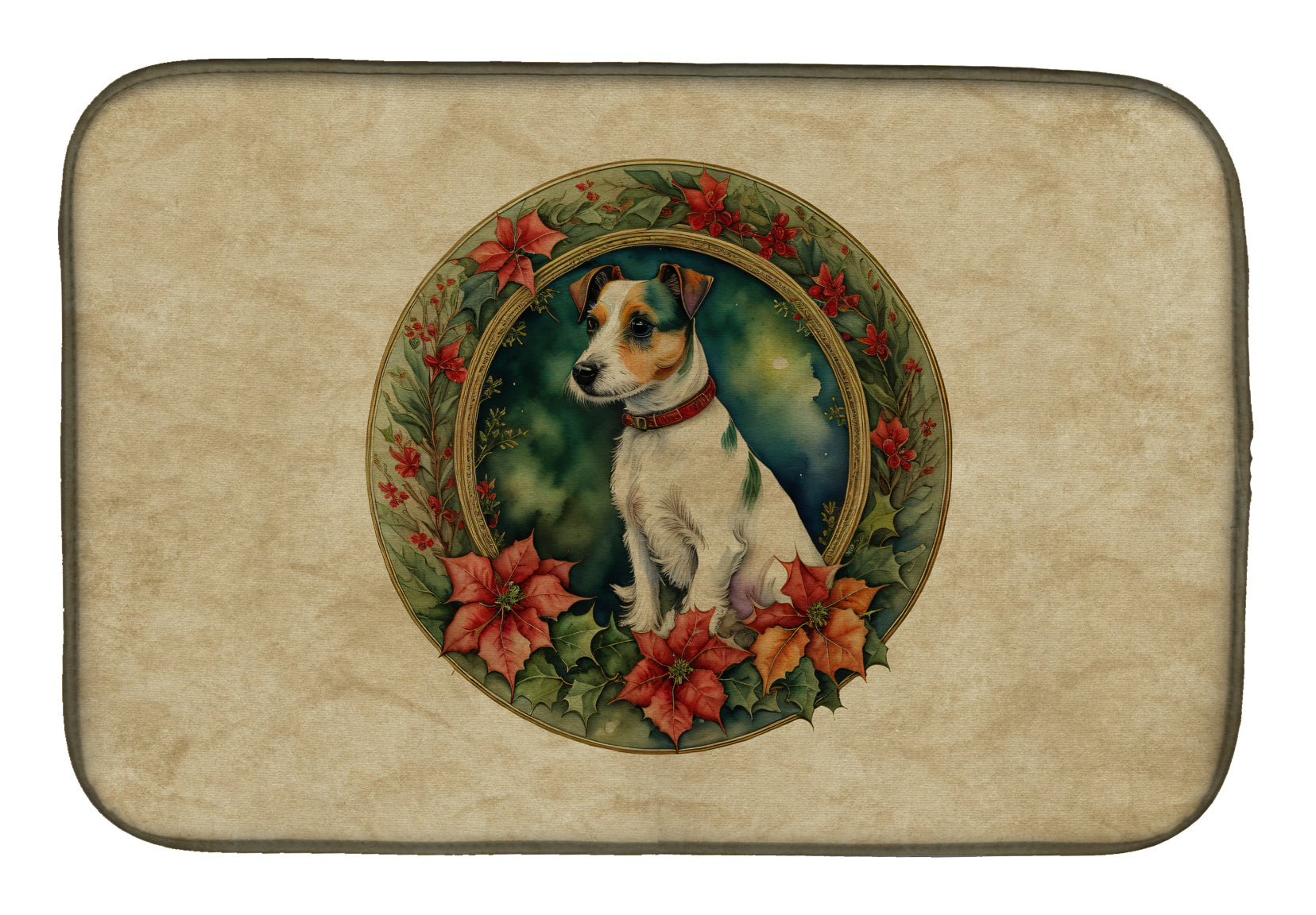 Jack Russell Terrier Christmas Flowers Dish Drying Mat
