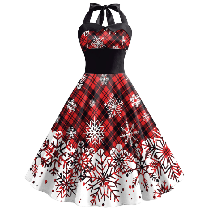 Women's High Waist Christmas Snowflake Print Dress