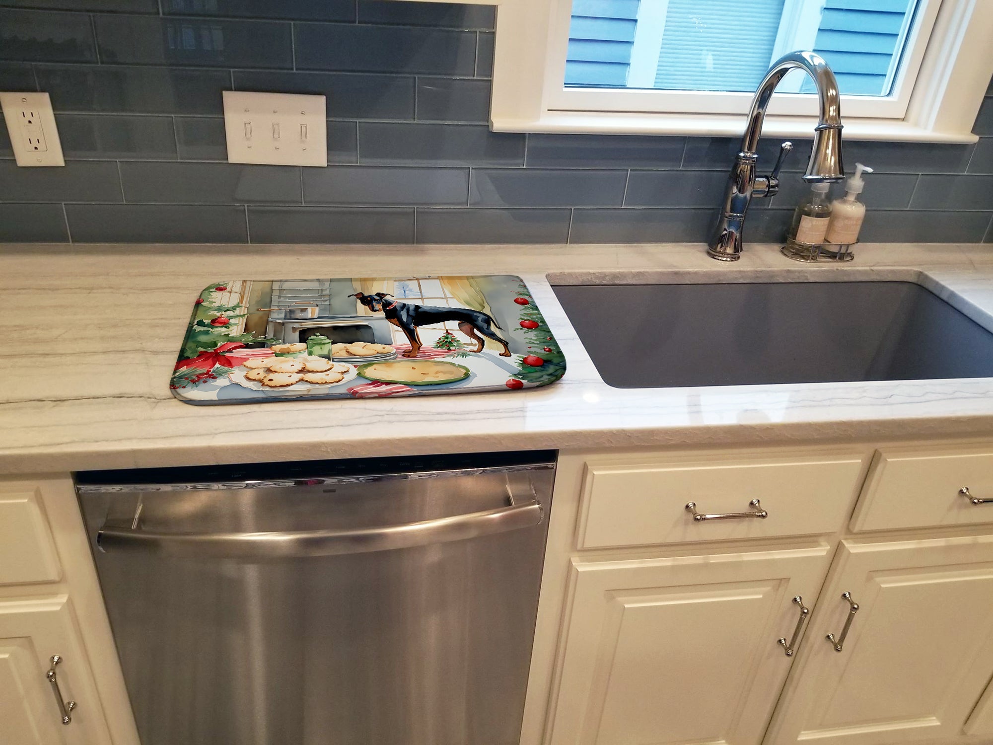 Doberman Pinscher Christmas Cookies Dish Drying Mat