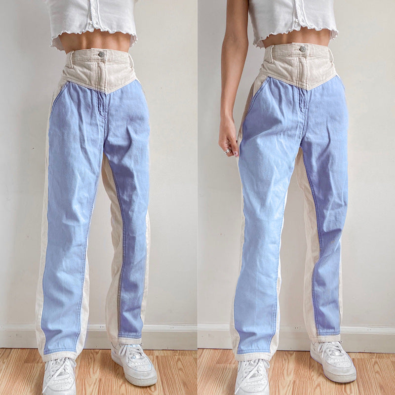Straight-Leg Corduroy Pants with Contrast Stitching