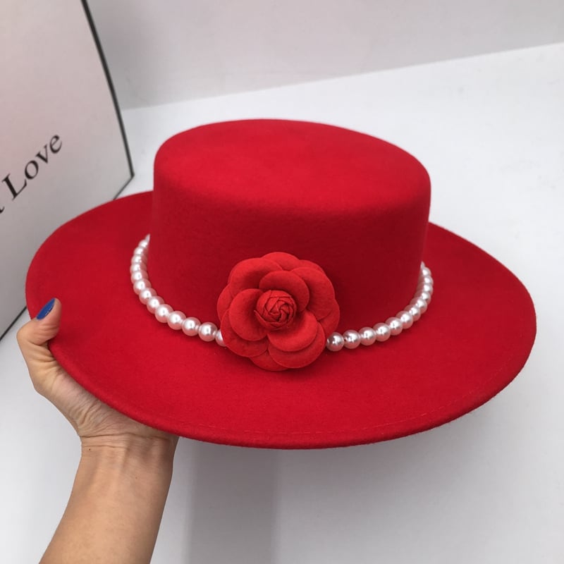 Elegant Red Wool Tweed Wide Brim Hat with Flowers | Embroidered Cap