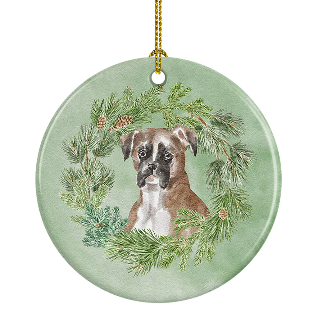 Boxer Fawn Christmas Wreath Ceramic Ornament