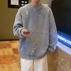 Loose Fit Ripped Round Neck Sweater for Men