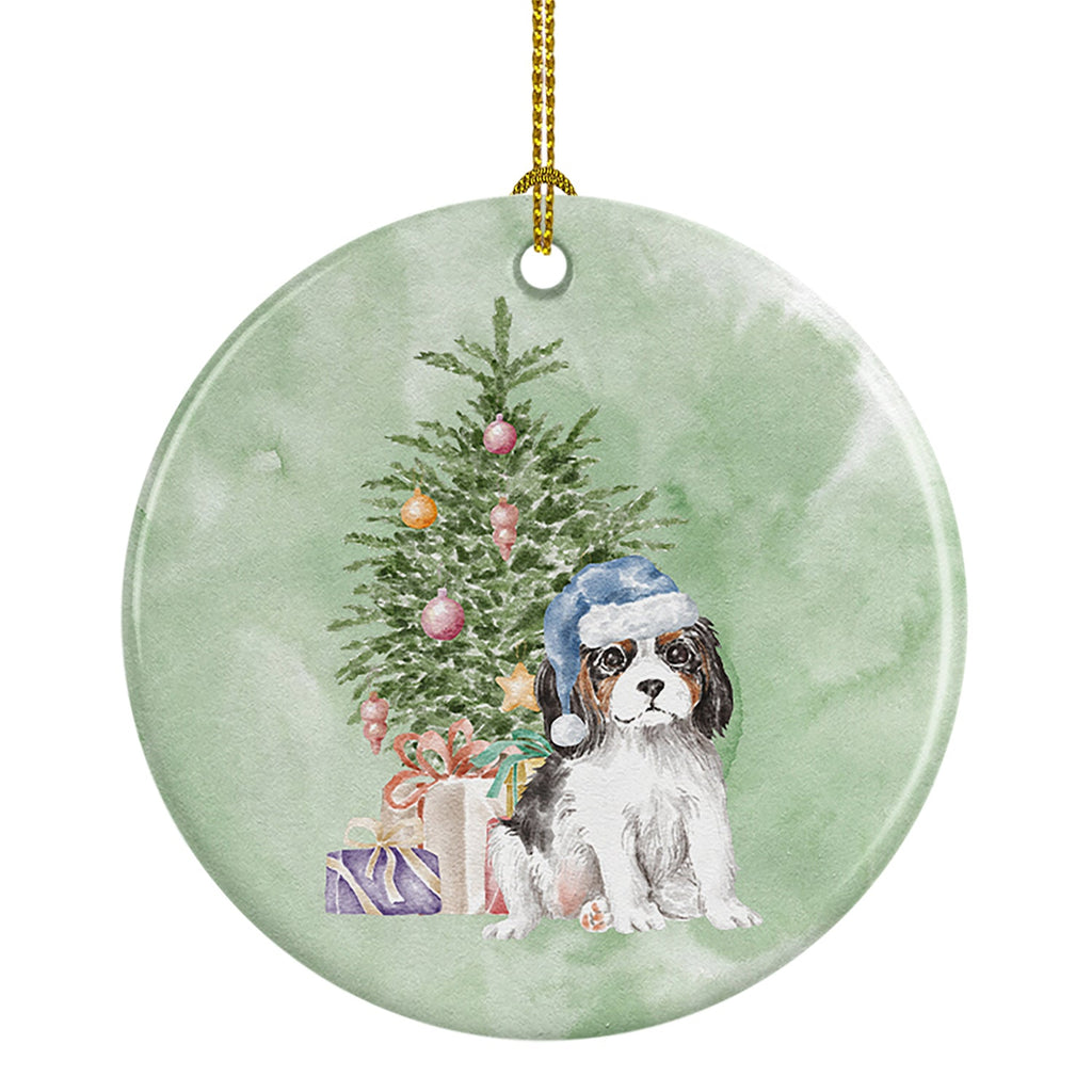 Cavalier Spaniel Tricolor Puppy Christmas Presents and Tree Ceramic Ornament