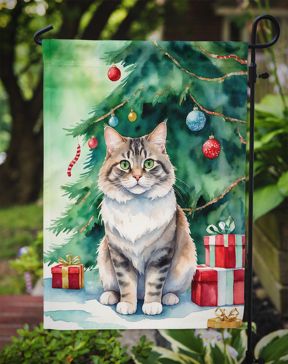Kurilian Bobtail Cat By the Christmas Tree Garden Flag