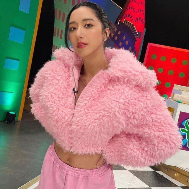 Pink Plush Thick Short Jacket for Women - Y2K Fashion