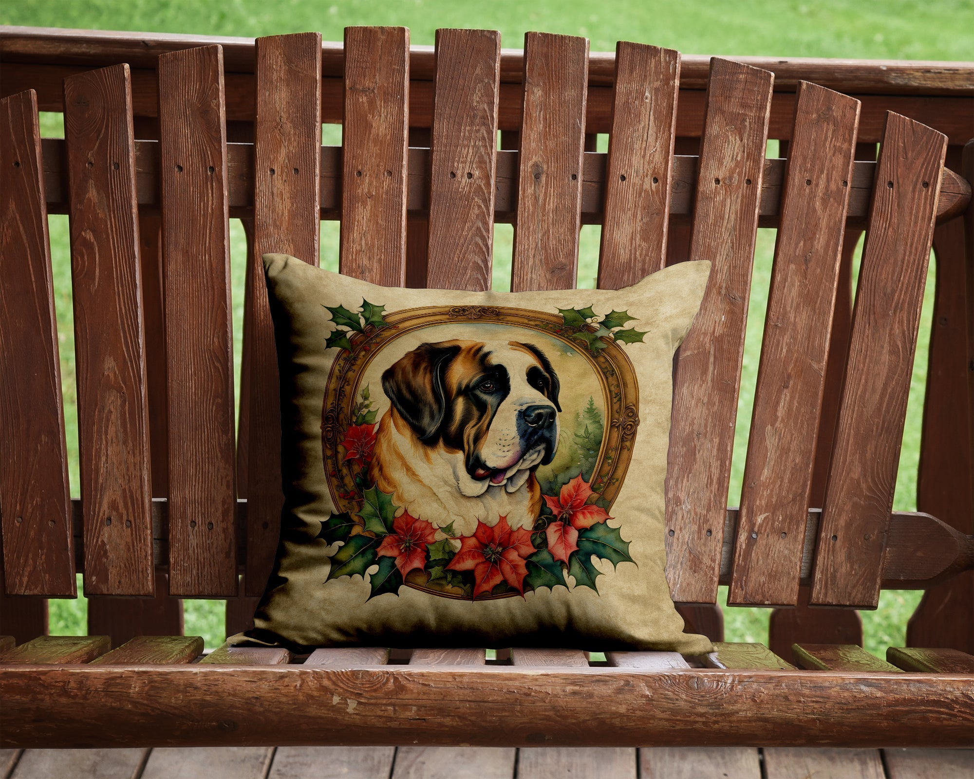 Saint Bernard Christmas Flowers Throw Pillow