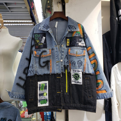 Women's Spliced Graffiti Print Denim Jacket for Streetwear