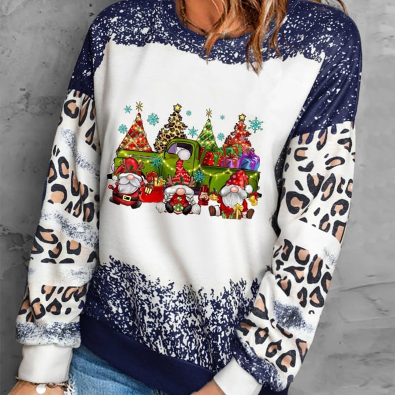 Tie-Dyed Leopard Spliced Round Neck Sweater