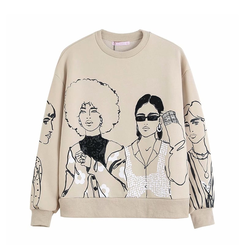 Cartoon Girl Print Loose Round Neck Sweater