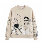 Cartoon Girl Print Loose Round Neck Sweater