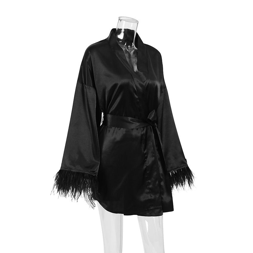 Feather Trim Silk-Feel Long Sleeve Nightgown