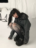 Original Dark Cat Ear Distressed Hoodie for Women