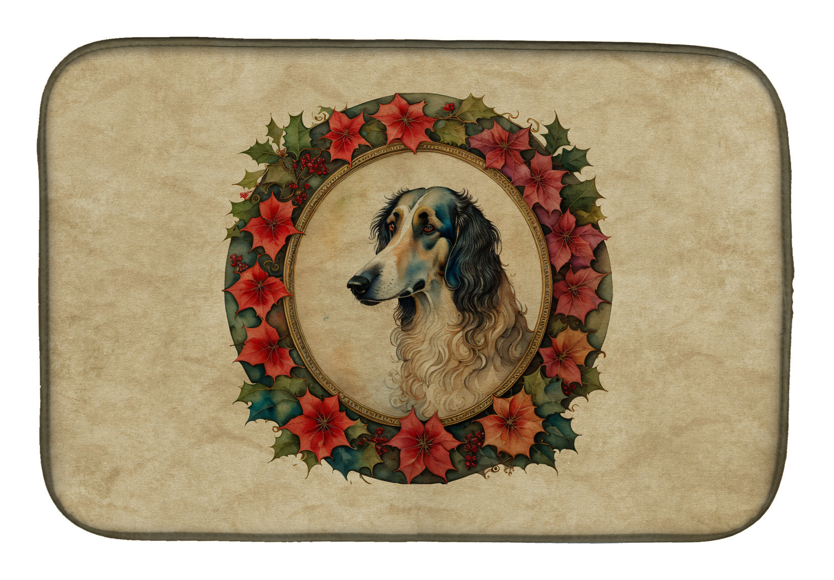 Borzoi Christmas Flowers Dish Drying Mat