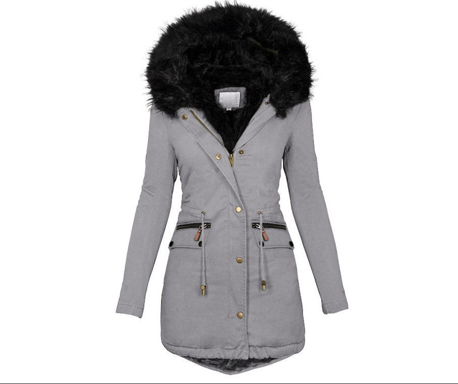 Women's Hooded Mid-Length Warm Cotton Coat with Fur Collar
