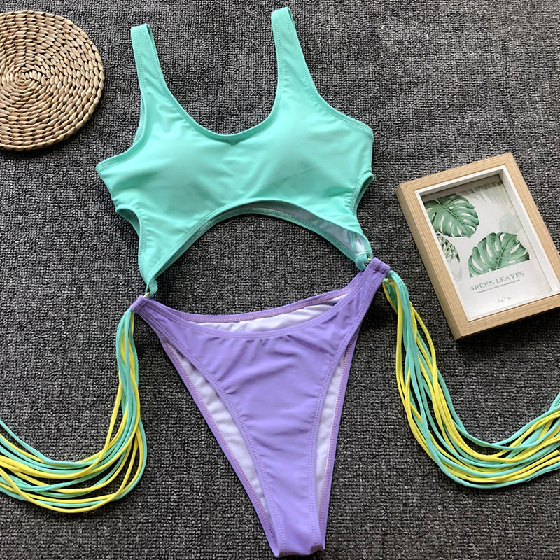 Sexy Hollow Out Steel Ring Tassel One-Piece Swimsuit