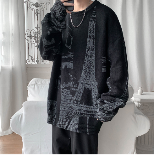 Men's Loose Round Neck Iron Tower Printed Sweater