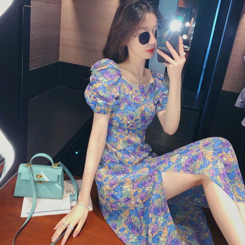 Purple Puff Sleeve Dress with Floral Design (Summer)