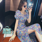 Purple Puff Sleeve Dress with Floral Design (Summer)