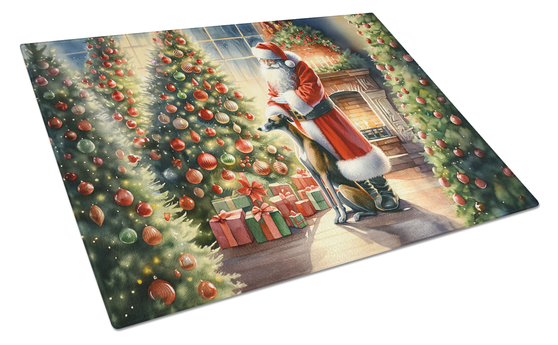 Greyhound and Santa Claus Glass Cutting Board