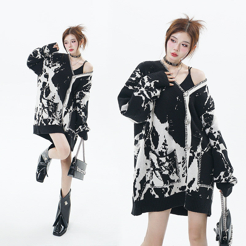 Snowflake Ripped V-neck Knitted Cardigan