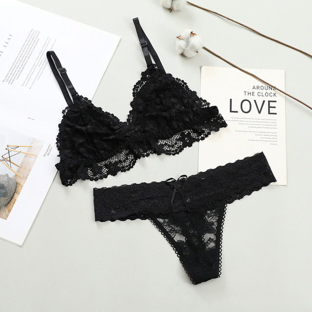 Women Lace Bra and Briefs Set - Wire-Free Lingerie