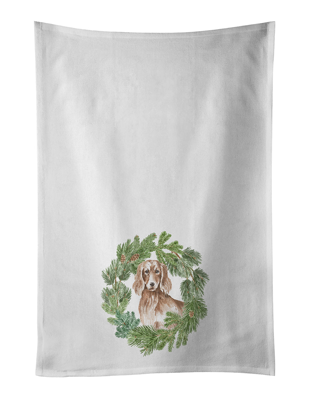 Dachshund Red Longhaired Christmas Wreath Kitchen Towel Set of 2