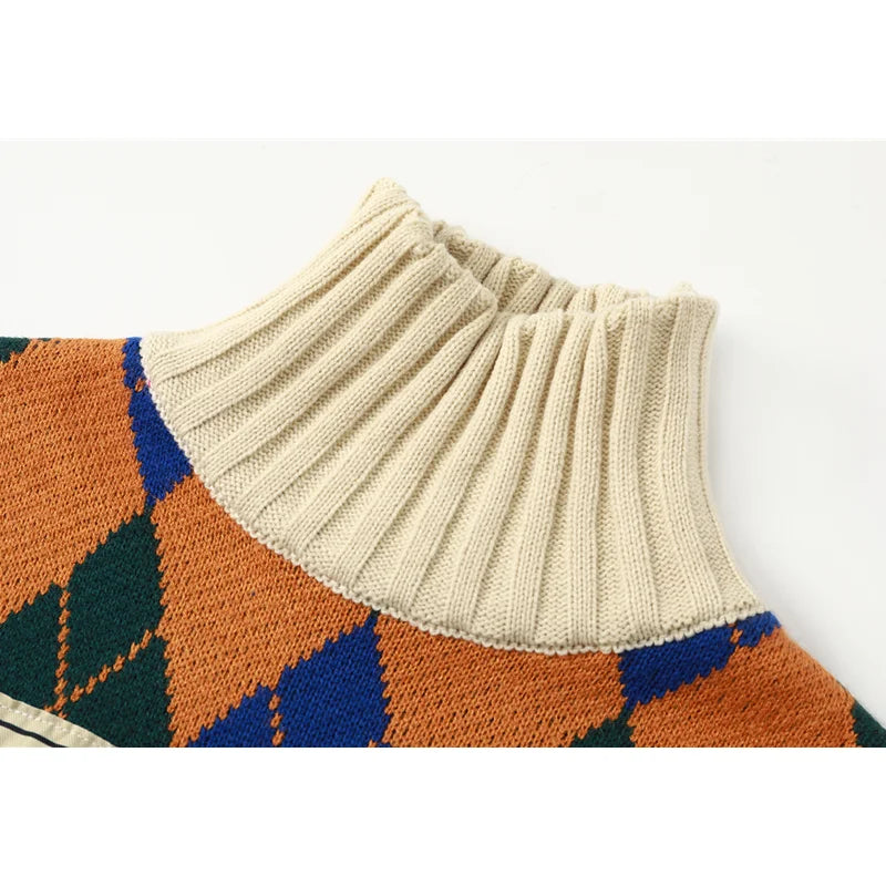 Vintage Argyle Plaid Sweater with Cartoon Pattern for Women