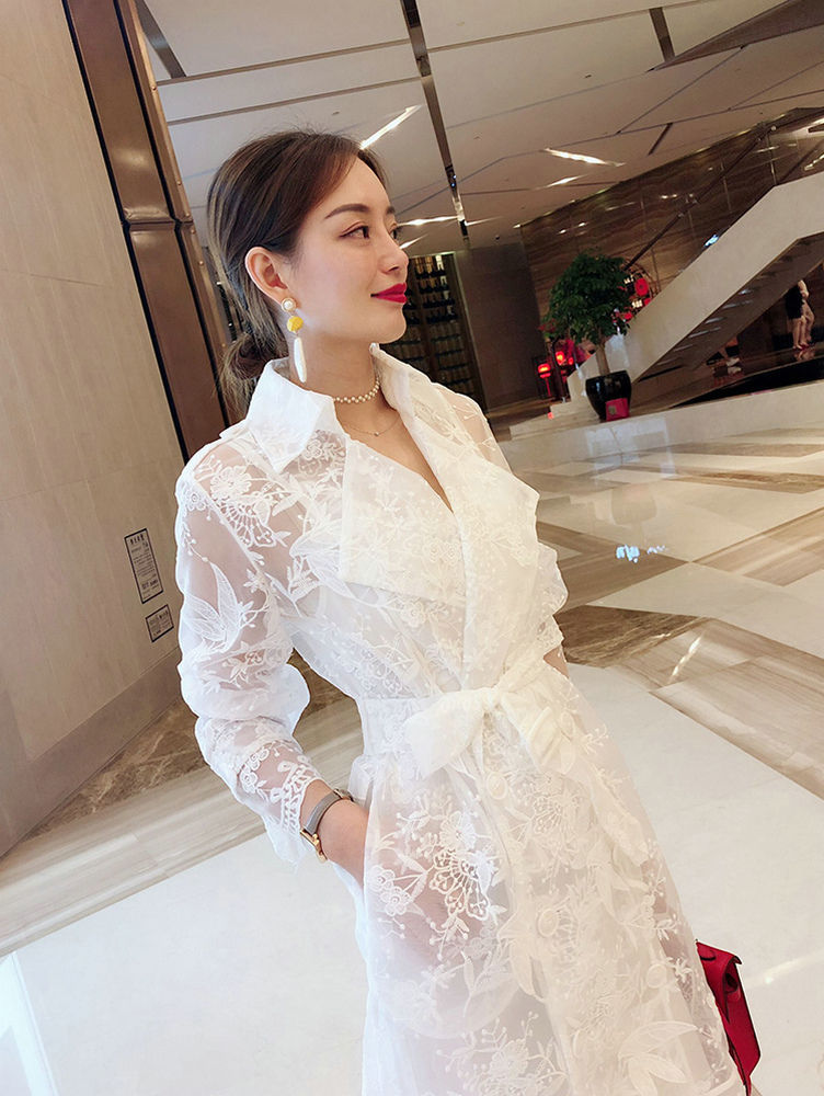Hooded Lace Trench Coat with Embroidery and Lantern Sleeves